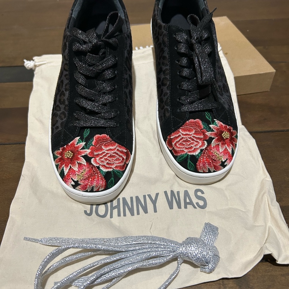 Johnny Was Black and Red Floral Embroidered Sneakers